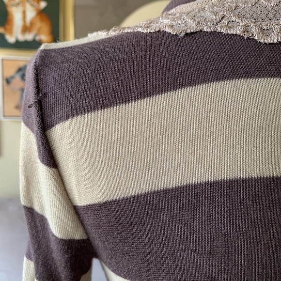 Anthropologie Pleione brown Striped Lace-trim V-neck Cardigan small - Picture 6 of 9